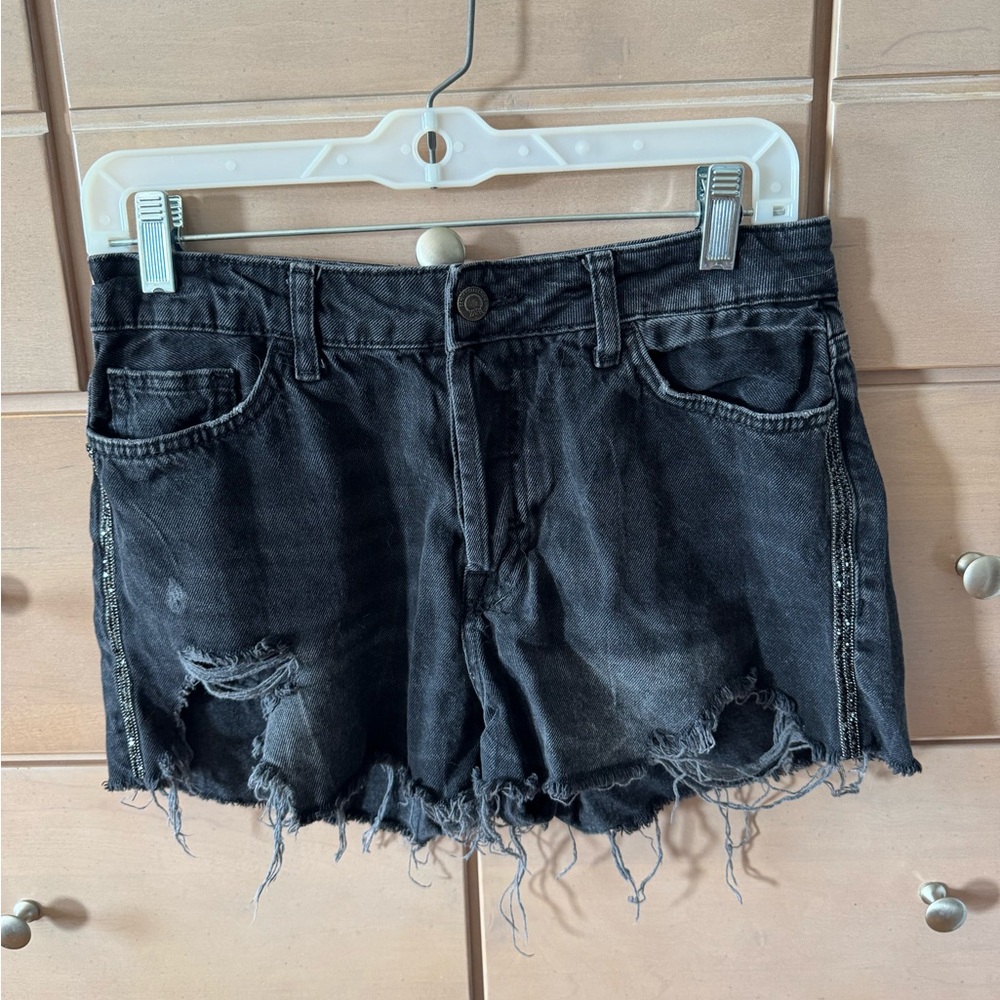 Zara Black Jean Shorts with Frayed Hem Size 6